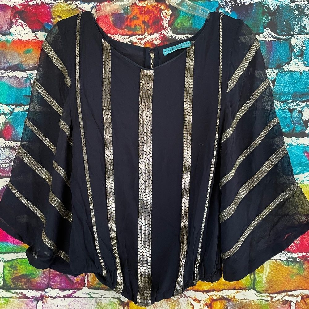 Alice + Olivia 100% Silk Fully Beaded Blouse Shirt Top Navy Blue Silver Beads S